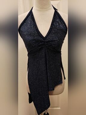 Vintage Meekelle Navy Glitter Asymetical Halter Club Party Top.